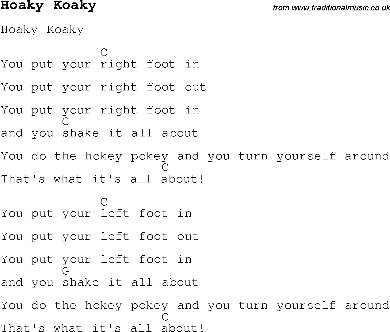 Childrens Songs and Nursery Rhymes, lyrics with chords for guitar, banjo etc for song hoaky-koaky