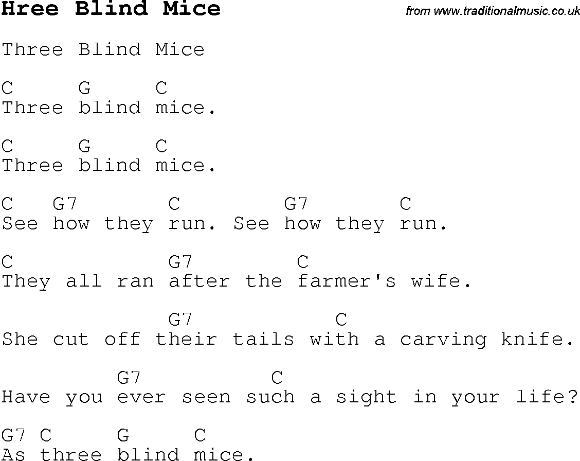 Childrens Songs and Nursery Rhymes, lyrics with chords for guitar, banjo etc for song hree-blind-mice