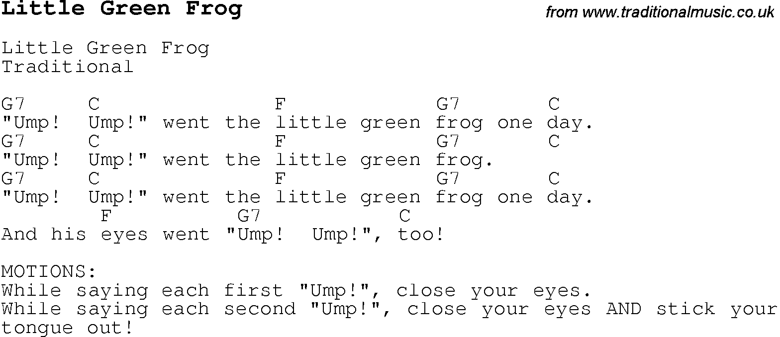 Childrens Songs and Nursery Rhymes, lyrics with chords for guitar, banjo etc for song little-green-frog