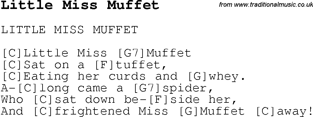 Childrens Songs and Nursery Rhymes, lyrics with chords for guitar, banjo etc for song little-miss-muffet