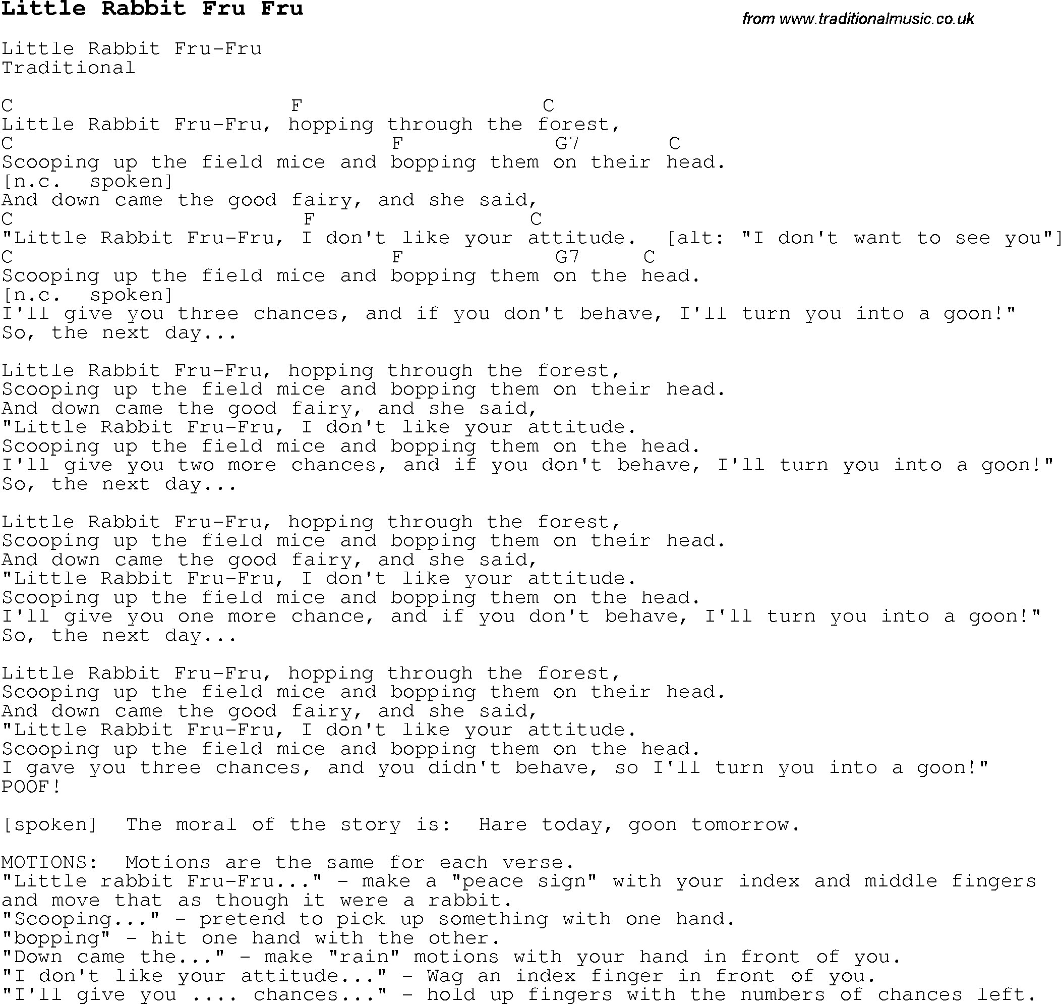 Childrens Songs and Nursery Rhymes, lyrics with chords for guitar, banjo etc for song little-rabbit-fru-fru
