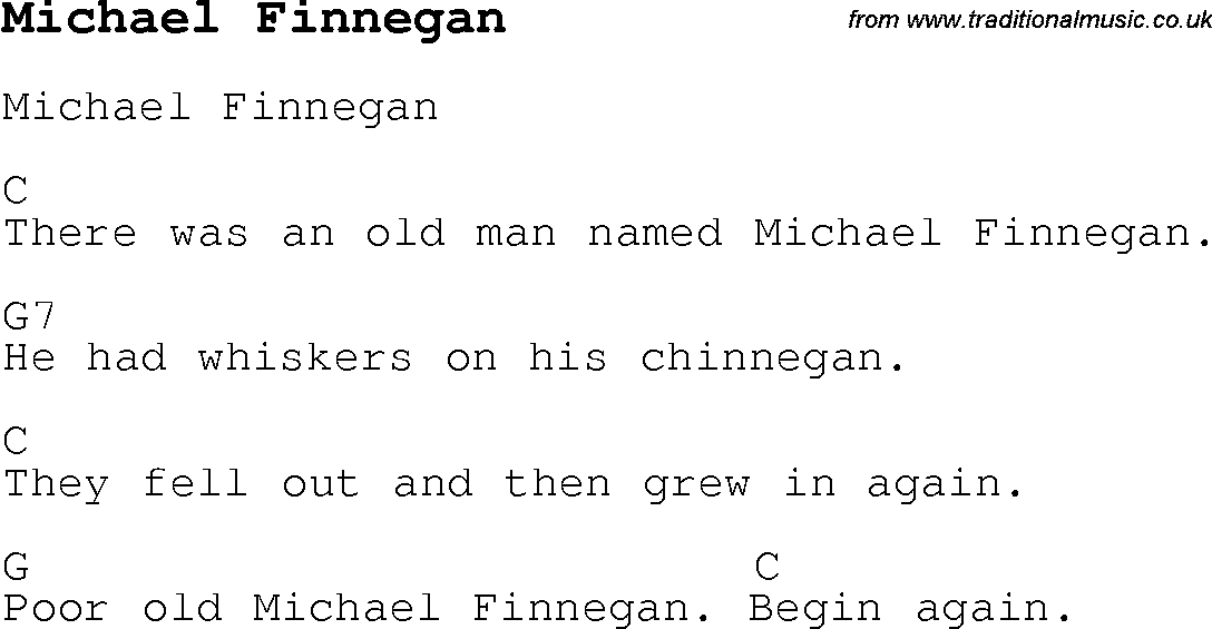 Childrens Songs and Nursery Rhymes, lyrics with chords for guitar, banjo etc for song michael-finnegan