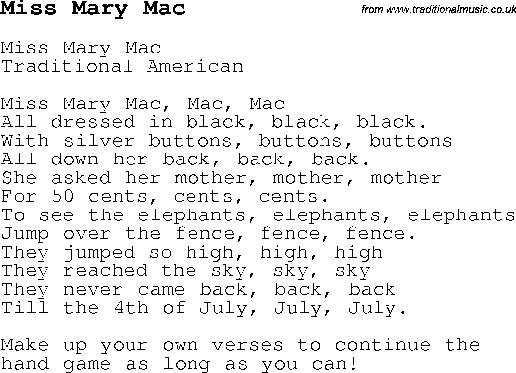 Childrens Songs and Nursery Rhymes, lyrics with chords for guitar, banjo etc for song miss-mary-mac