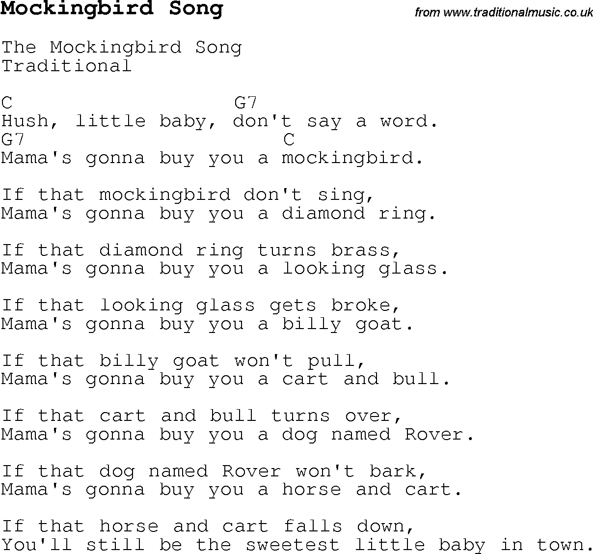 Childrens Songs and Nursery Rhymes, lyrics with chords for guitar, banjo etc for song mockingbird-song