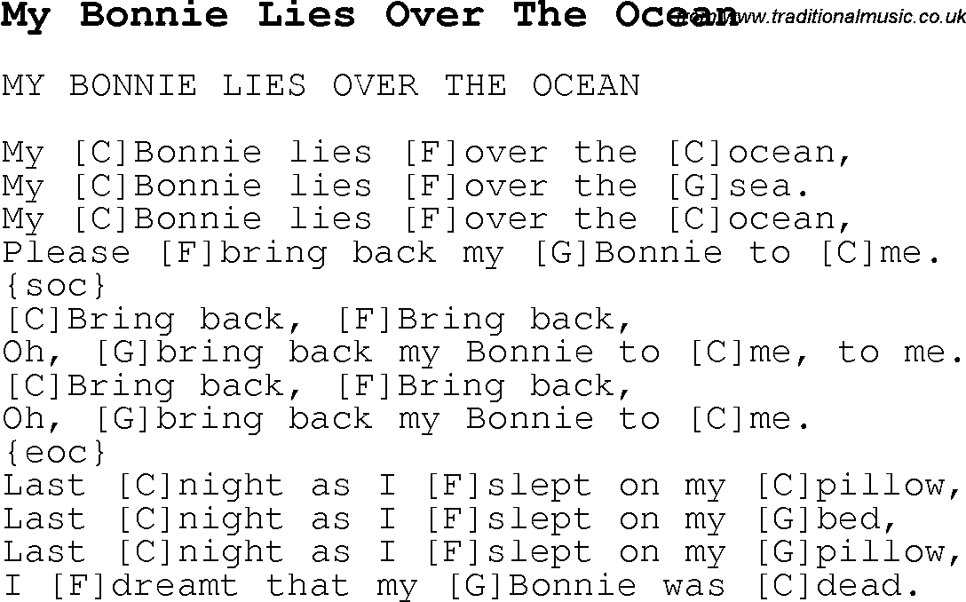 Childrens Songs and Nursery Rhymes, lyrics with chords for guitar, banjo etc for song my-bonnie-lies-over-the-ocean