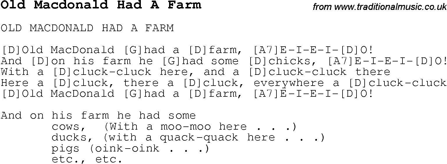 Childrens Songs and Nursery Rhymes, lyrics with chords for guitar, banjo etc for song old-macdonald-had-a-farm