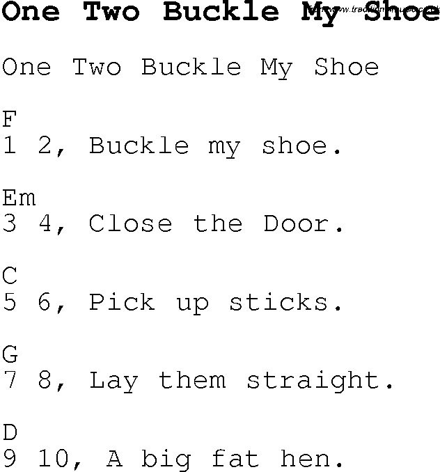 Childrens Songs and Nursery Rhymes, lyrics with chords for guitar, banjo etc for song one-two-buckle-my-shoe