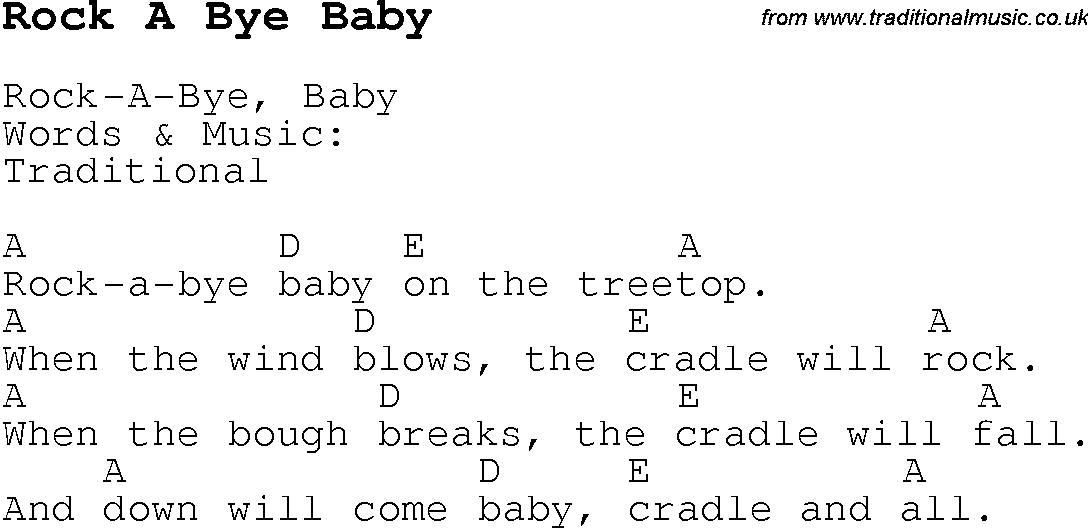 Childrens Songs and Nursery Rhymes, lyrics with chords for guitar, banjo etc for song rock-a-bye-baby