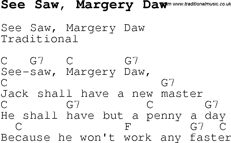 Childrens Songs and Nursery Rhymes, lyrics with chords for guitar, banjo etc for song see-saw,-margery-daw