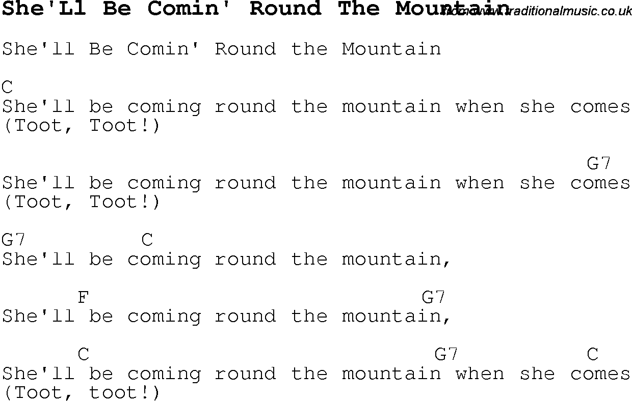 Childrens Songs and Nursery Rhymes, lyrics with chords for guitar, banjo etc for song shell-be-comin-round-the-mountain
