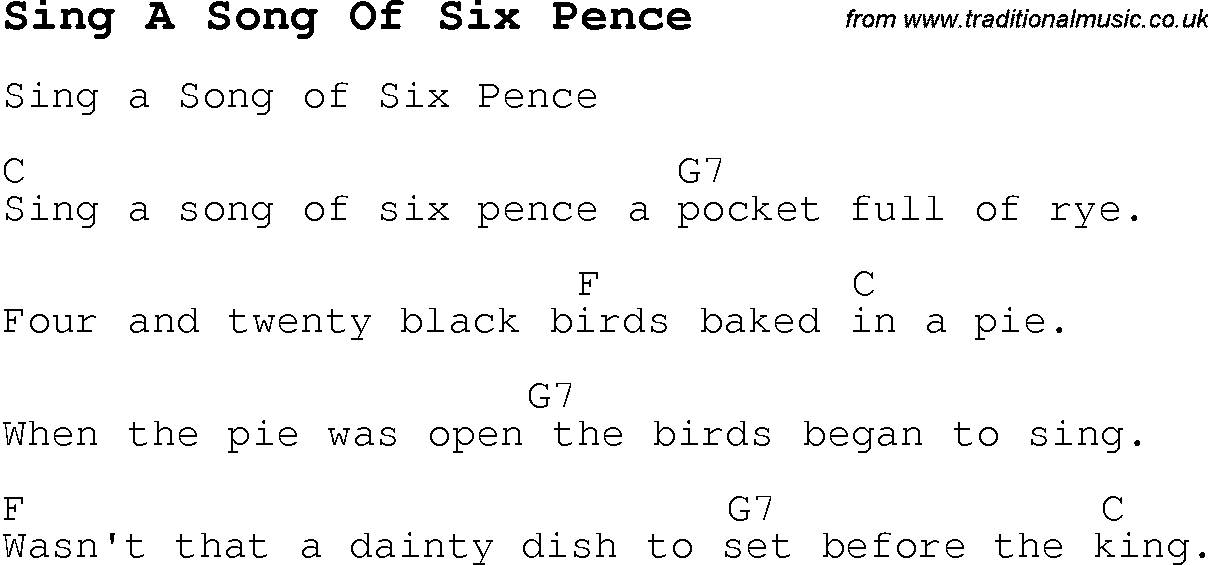 Childrens Songs and Nursery Rhymes, lyrics with chords for guitar, banjo etc for song sing-a-song-of-six-pence