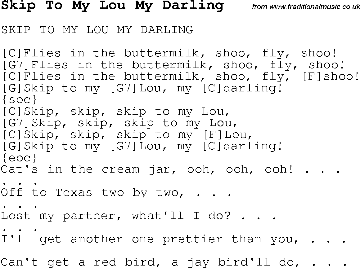 Childrens Songs and Nursery Rhymes, lyrics with chords for guitar, banjo etc for song skip-to-my-lou-my-darling