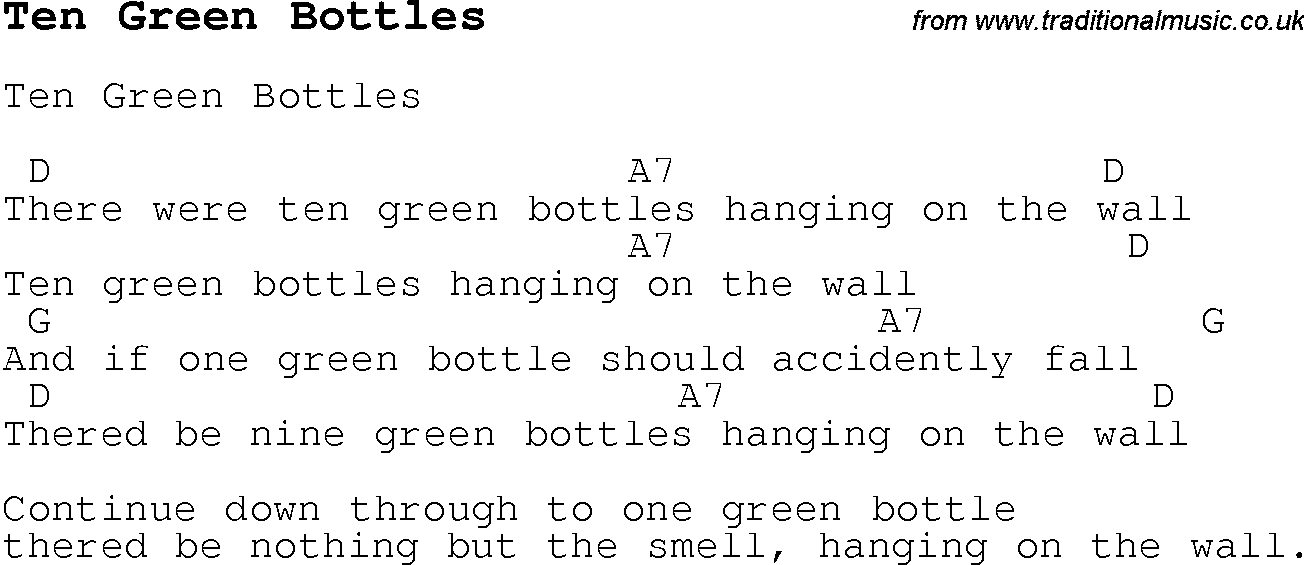 Childrens Songs and Nursery Rhymes, lyrics with chords for guitar, banjo etc for song ten-green-bottles