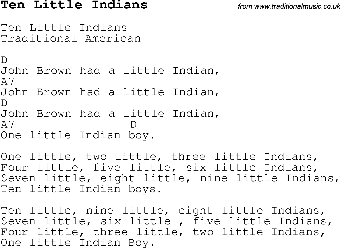 Childrens Songs and Nursery Rhymes, lyrics with chords for guitar, banjo etc for song ten-little-indians