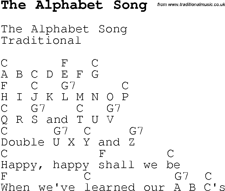 Childrens Songs and Nursery Rhymes, lyrics with chords for guitar, banjo etc for song the-alphabet-song