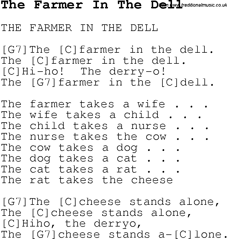 Childrens Songs and Nursery Rhymes, lyrics with chords for guitar, banjo etc for song the-farmer-in-the-dell
