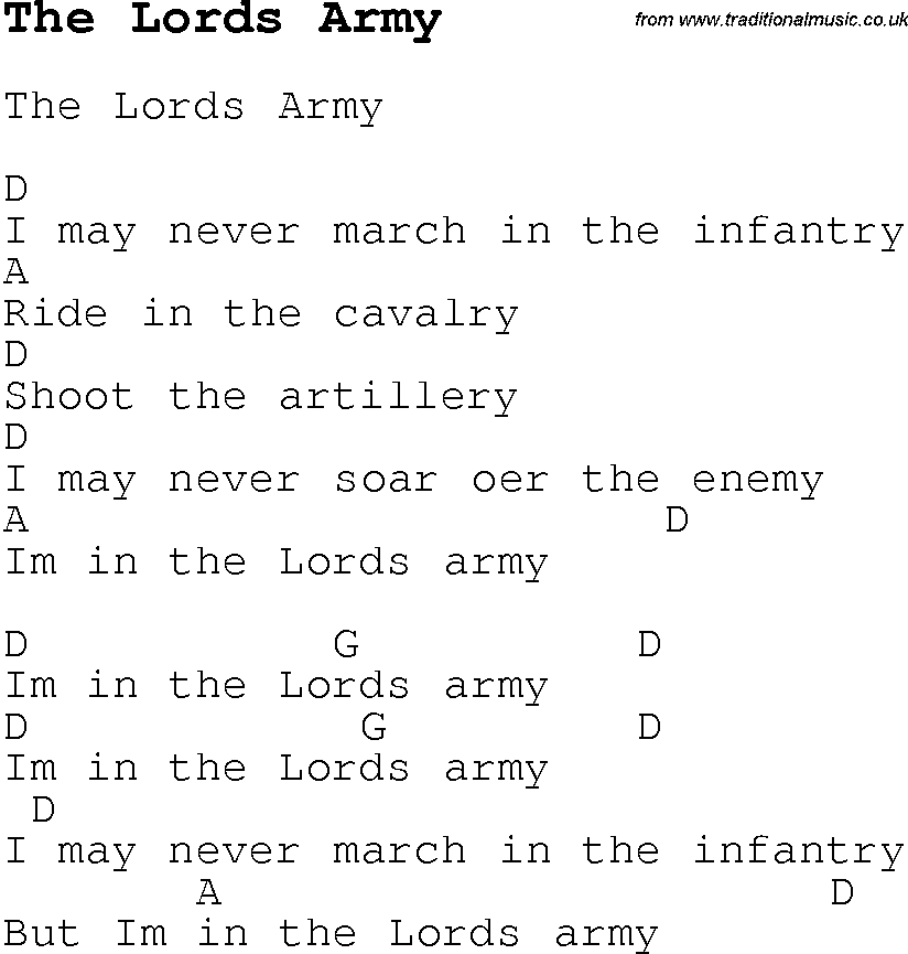 Childrens Songs and Nursery Rhymes, lyrics with chords for guitar, banjo etc for song the-lords-army
