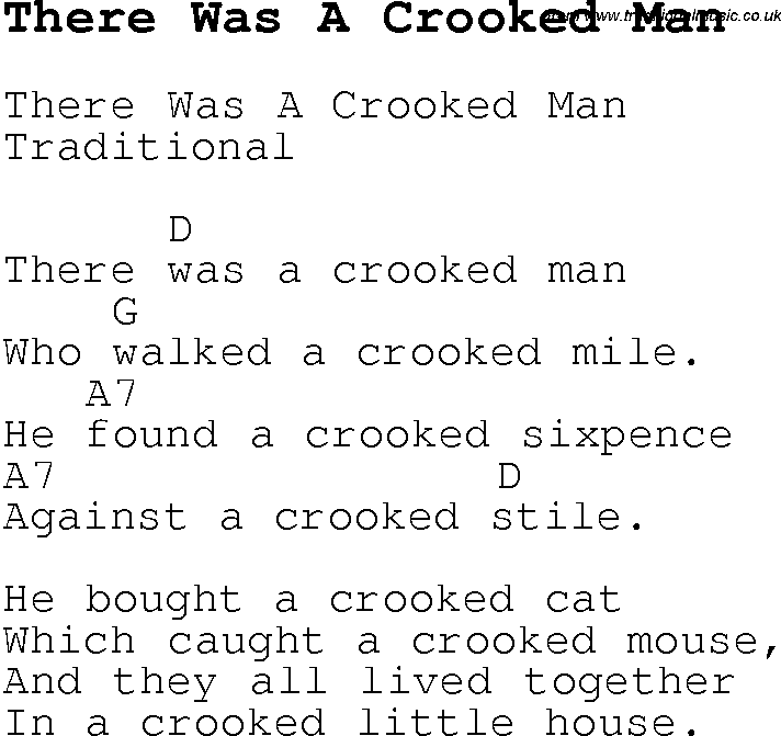 Childrens Songs and Nursery Rhymes, lyrics with chords for guitar, banjo etc for song there-was-a-crooked-man
