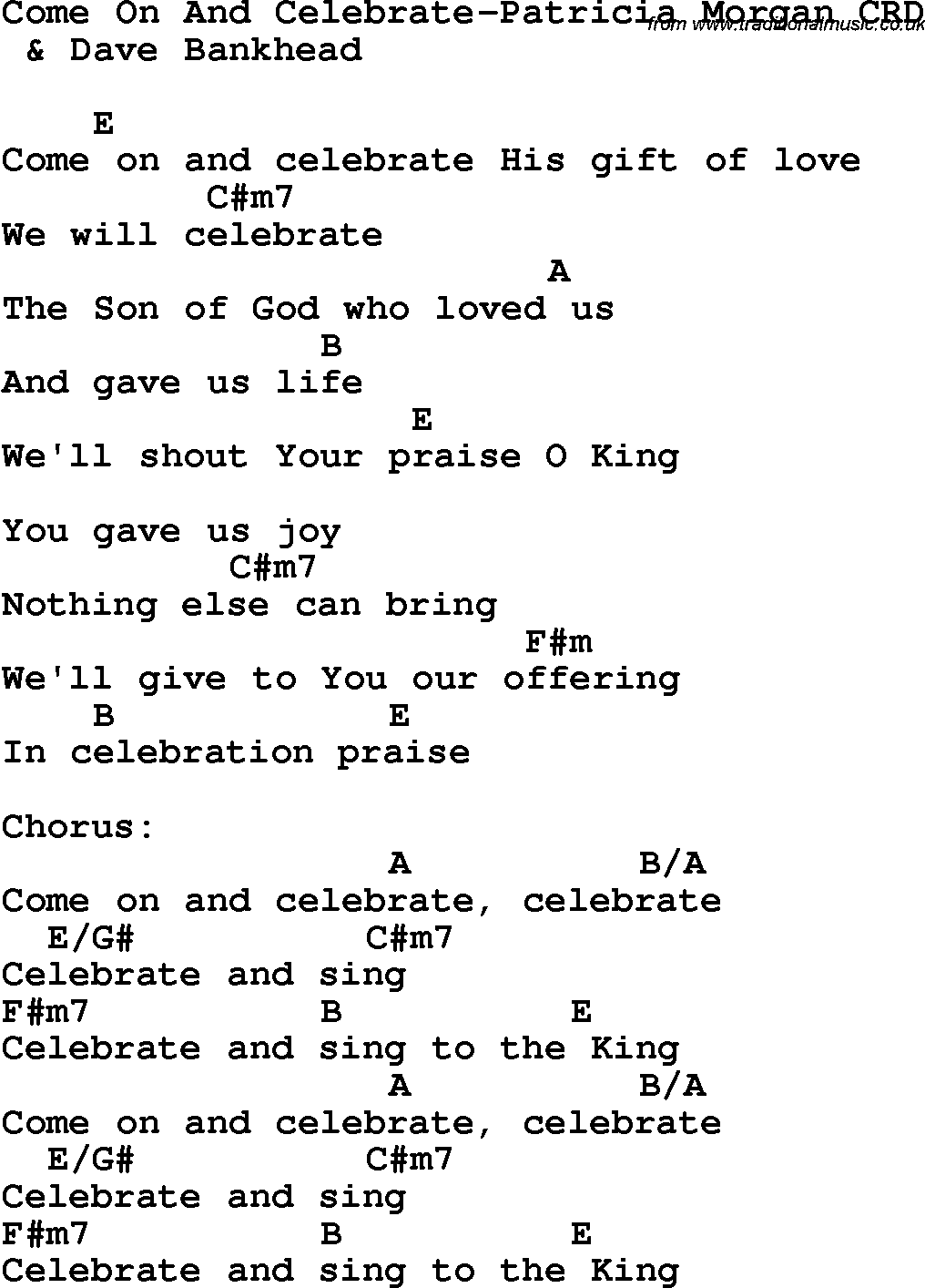Christian Chlidrens Song Come On And Celebrate-Patricia Morgan CRD Lyrics & Chords
