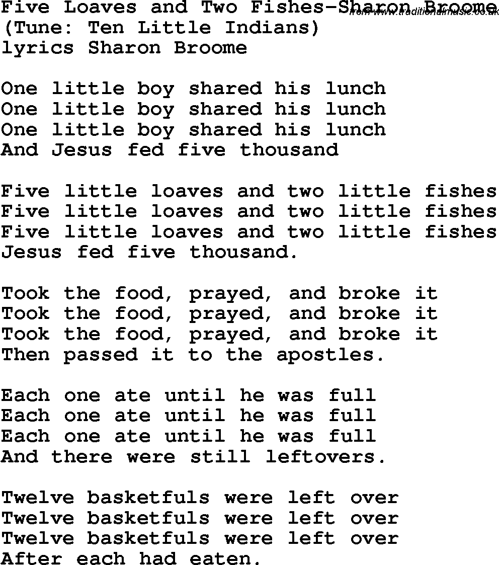 Christian Chlidrens Song Five Loaves And Two Fishes-Sharon Broome Lyrics