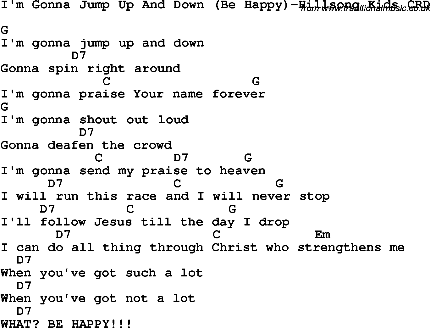 Christian Chlidrens Song I'm Gonna Jump Up And Down Be Happy-Hillsong Kids CRD Lyrics & Chords