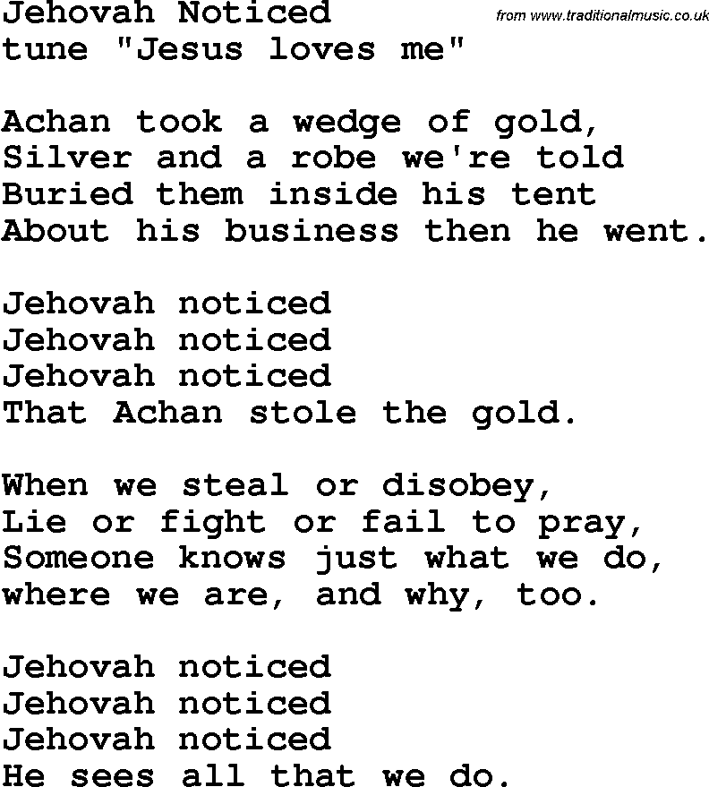 Christian Chlidrens Song Jehovah Noticed Lyrics