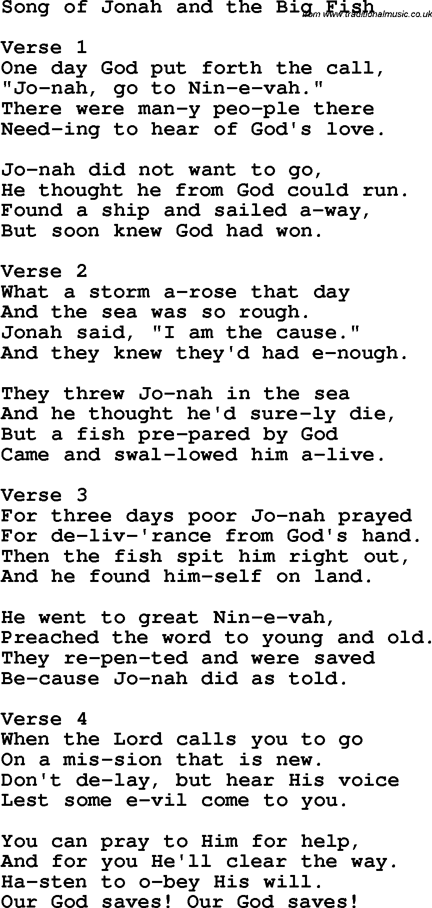 Christian Chlidrens Song Song Of Jonah And The Big Fish Lyrics
