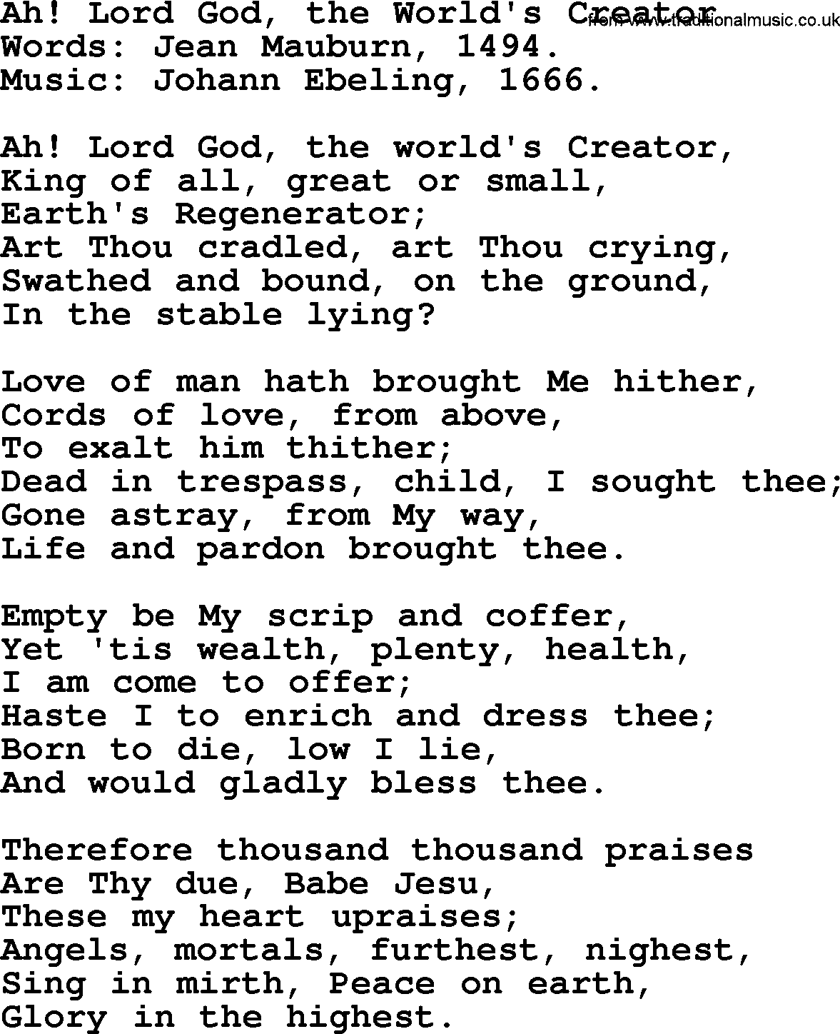 Christmas Hymns, Carols and Songs, title: Ah! Lord God, The World's Creator, lyrics with PDF