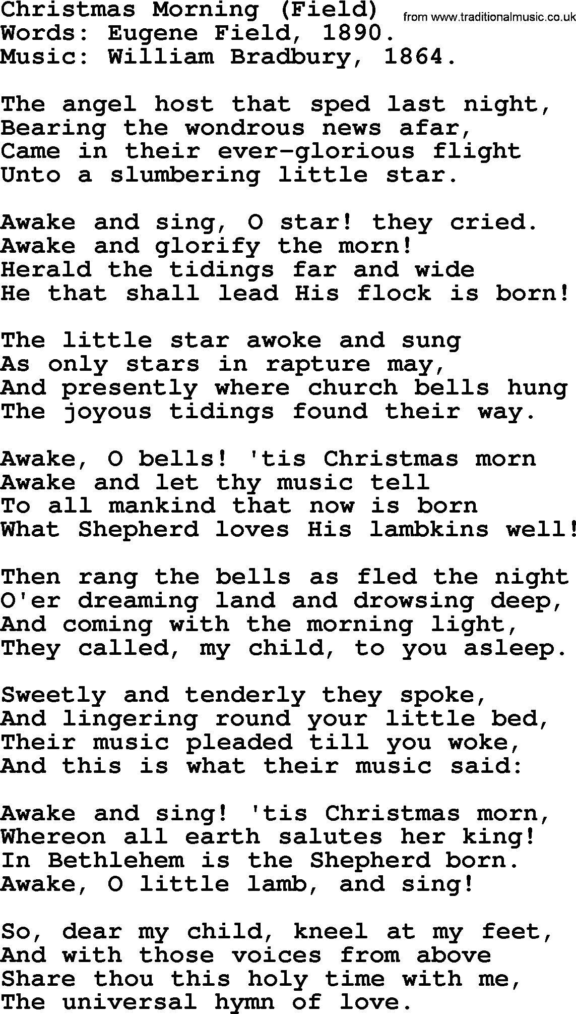 Christmas Hymns, Carols and Songs, title: Christmas Morning (field), lyrics with PDF