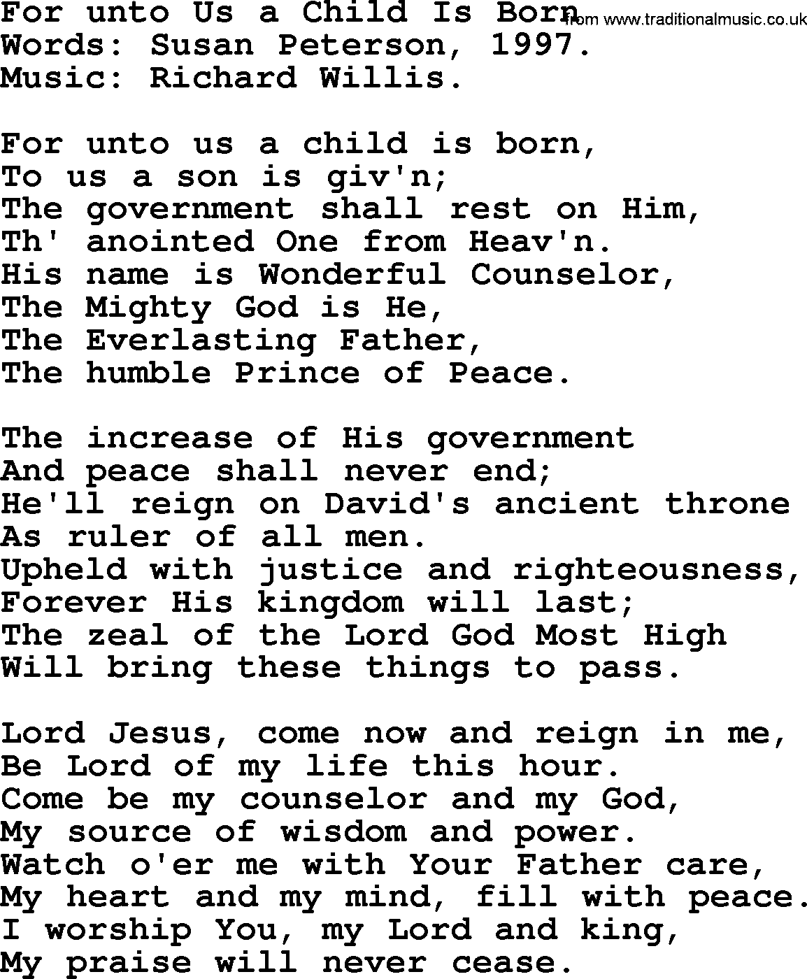 Christmas Hymns, Carols and Songs, title: For Unto Us A Child Is Born, lyrics with PDF