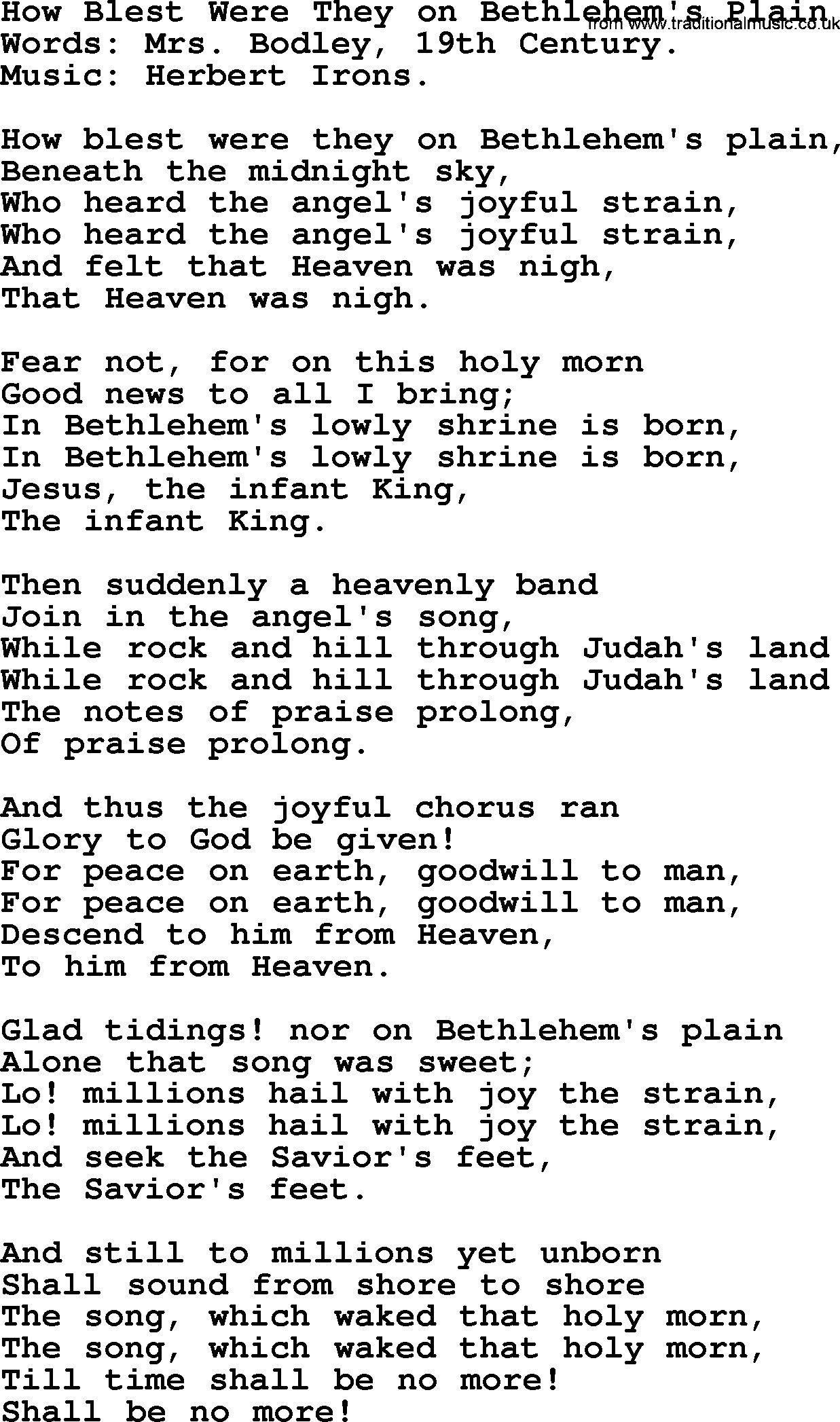 Christmas Hymns, Carols and Songs, title: How Blest Were They On Bethlehem's Plain, lyrics with PDF