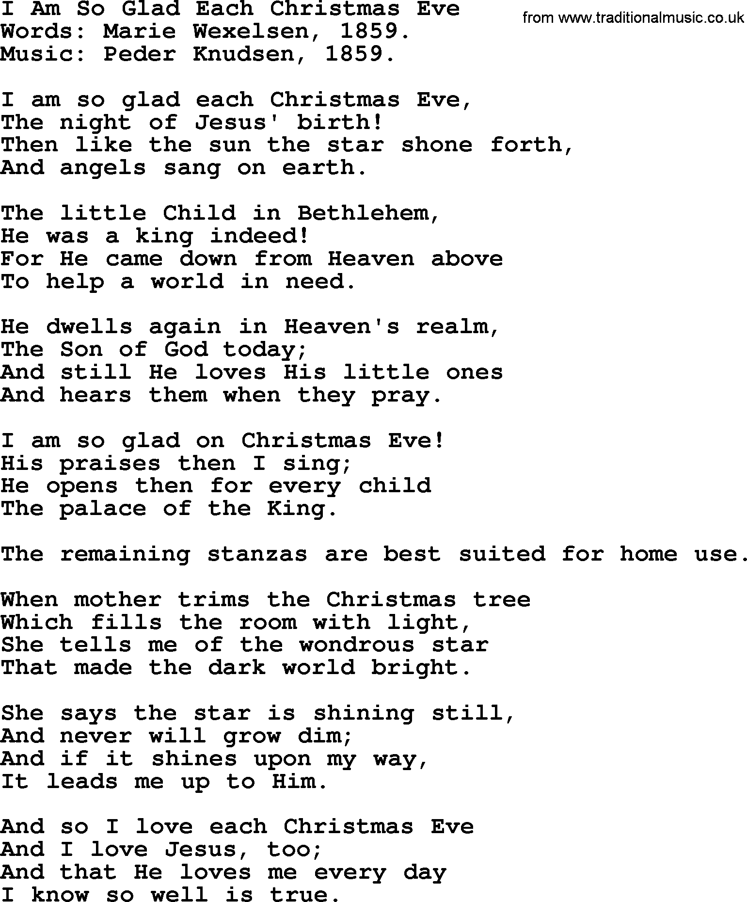 Christmas Hymns, Carols and Songs, title: I Am So Glad Each Christmas Eve, lyrics with PDF