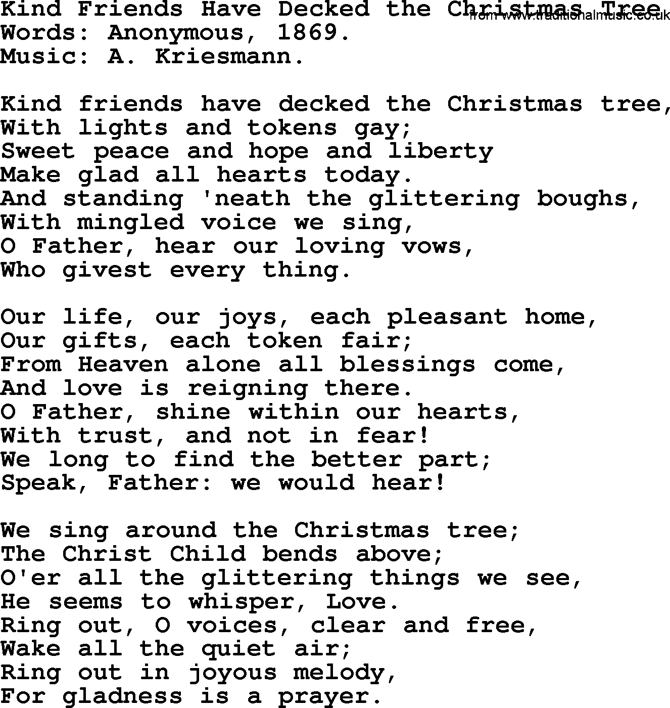 Christmas Hymns, Carols and Songs, title: Kind Friends Have Decked The Christmas Tree, lyrics with PDF