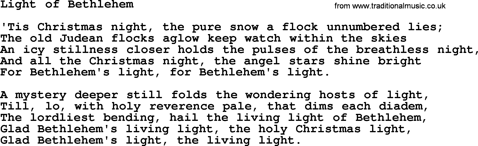 Christmas Hymns, Carols and Songs, title: Light Of Bethlehem, lyrics with PDF