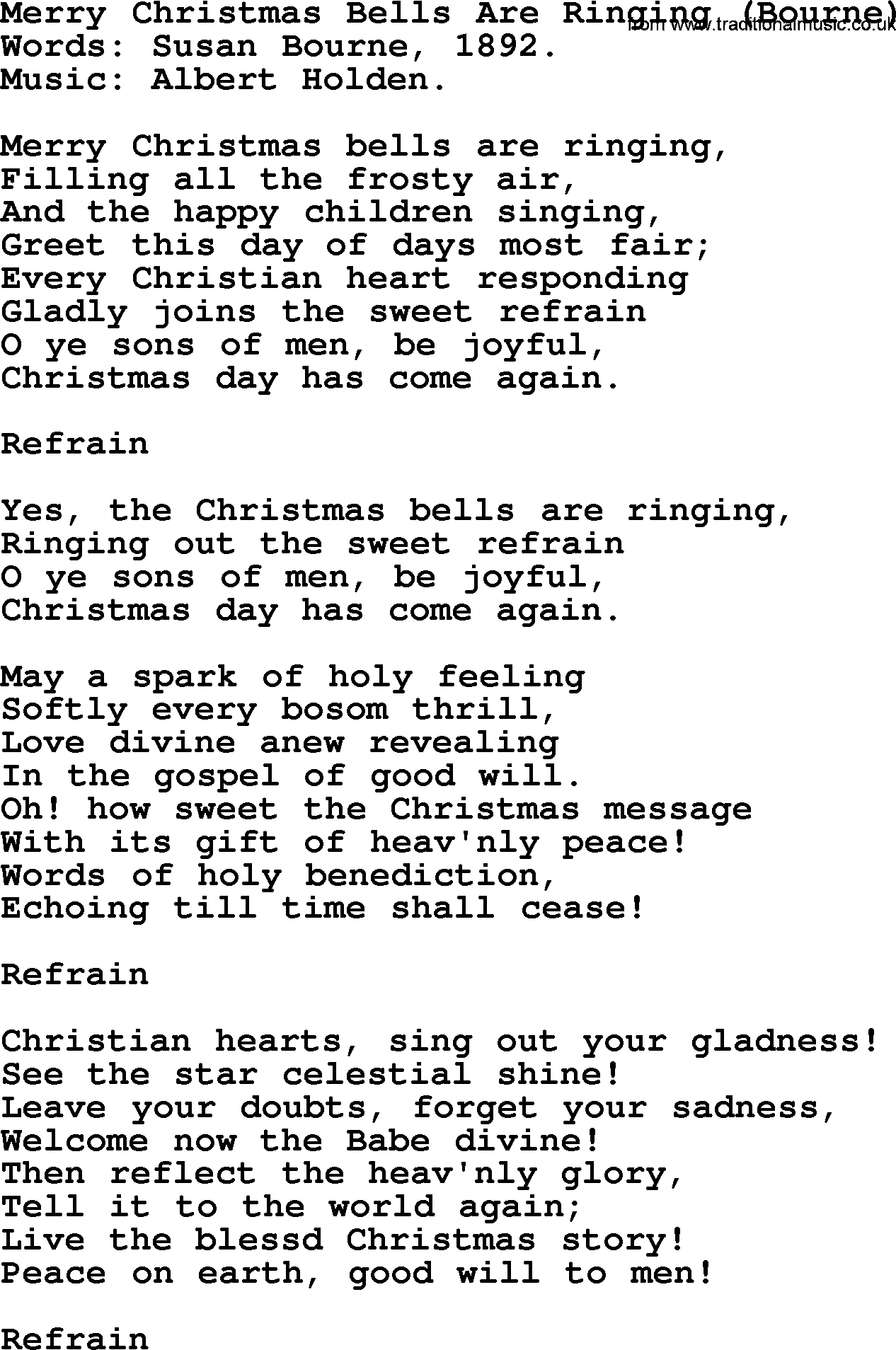 Christmas Hymns, Carols and Songs, title: Merry Christmas Bells Are Ringing (bourne), lyrics with PDF