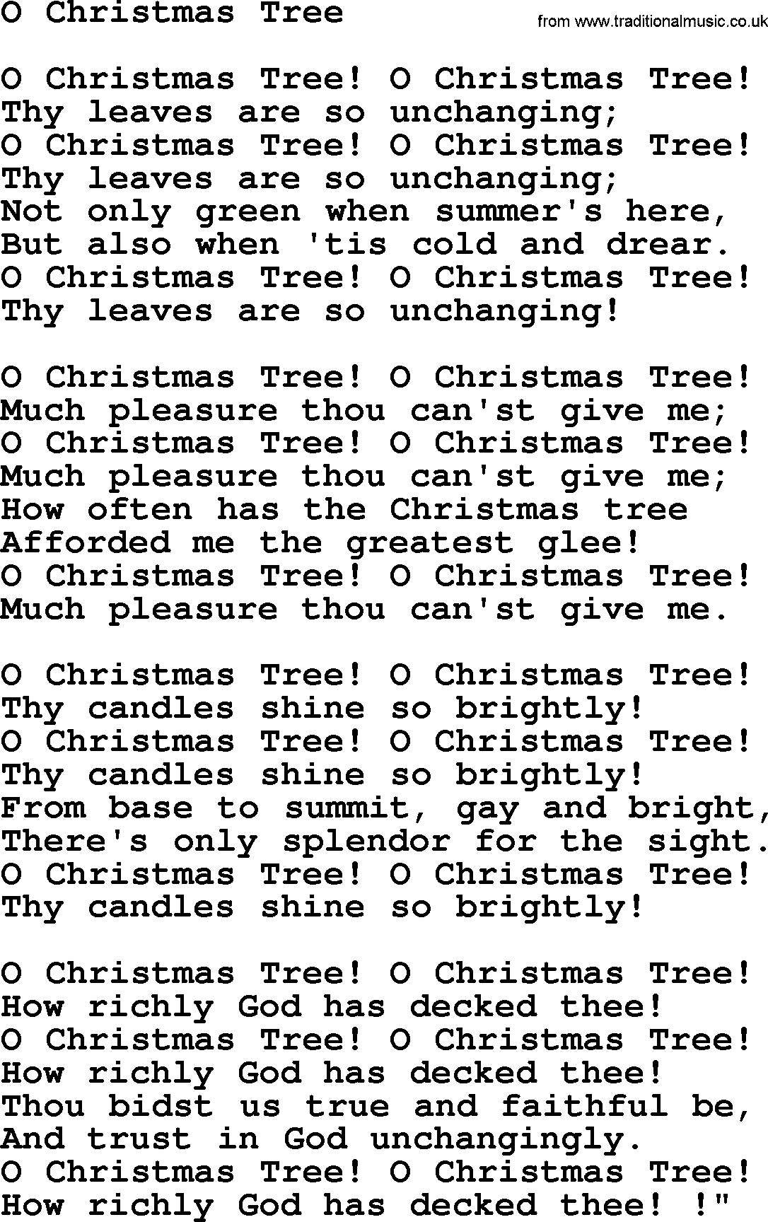 Christmas Hymns, Carols and Songs, title: O Christmas Tree, lyrics with PDF