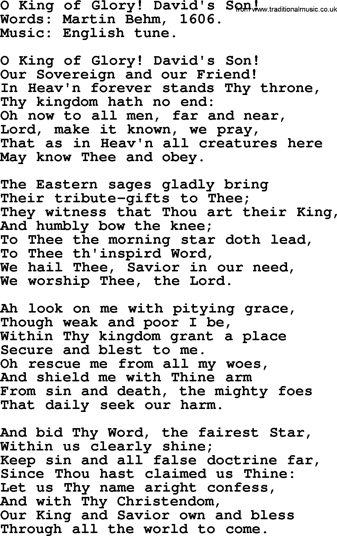 Christmas Hymns, Carols and Songs, title: O King Of Glory! David's Son!, lyrics with PDF