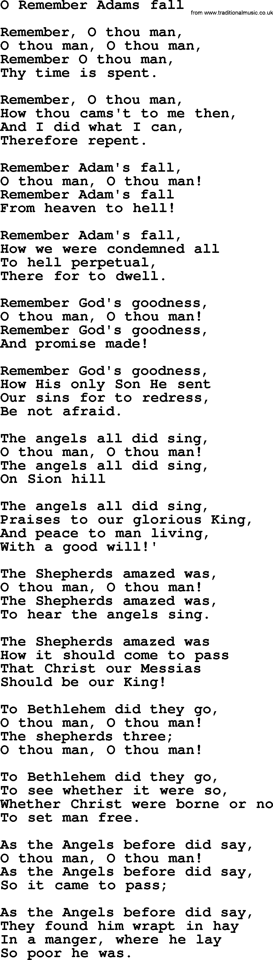 Christmas Hymns, Carols and Songs, title: O Remember Adams Fall, lyrics with PDF
