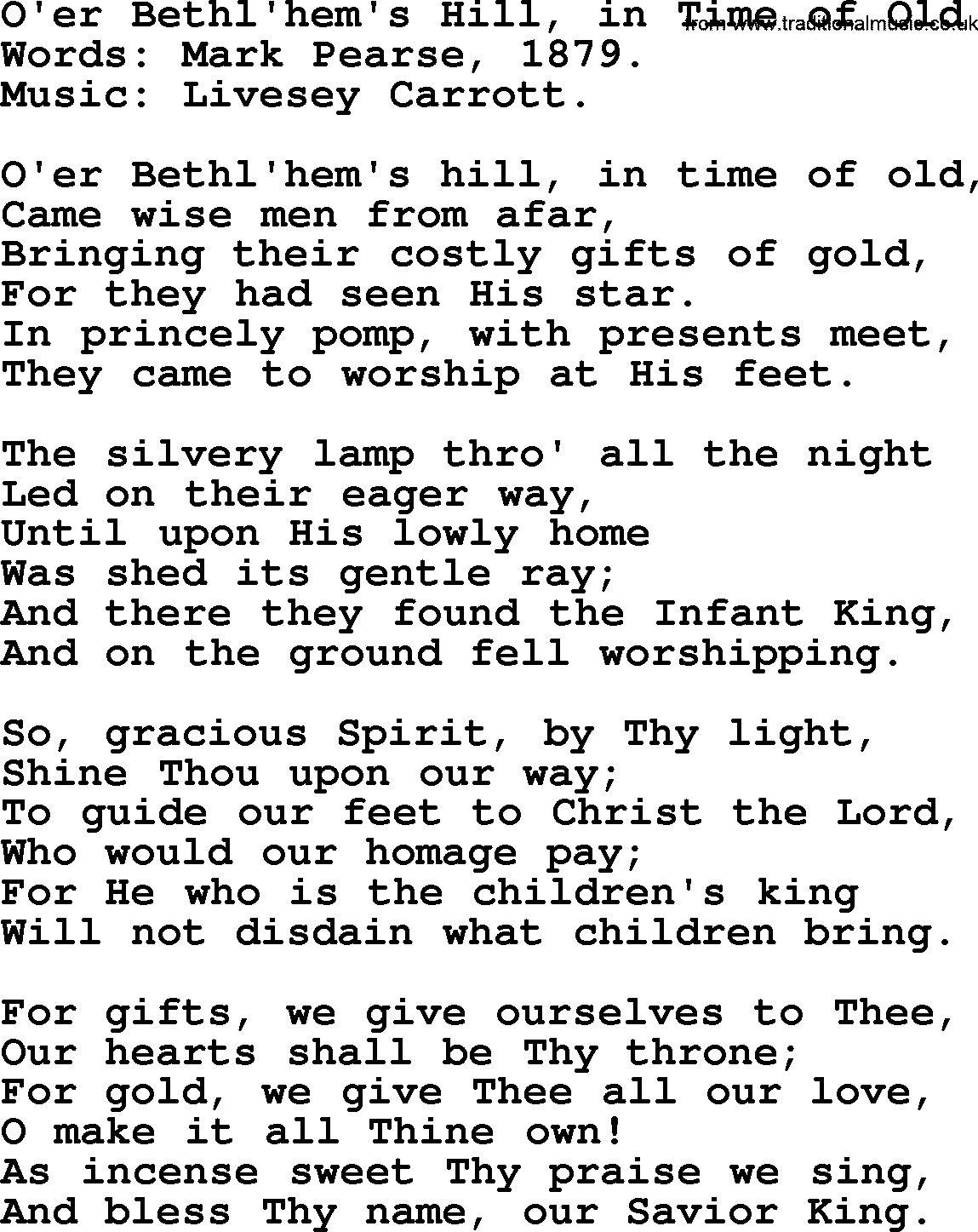 Christmas Hymns, Carols and Songs, title: O'er Bethl'hem's Hill, In Time Of Old, lyrics with PDF