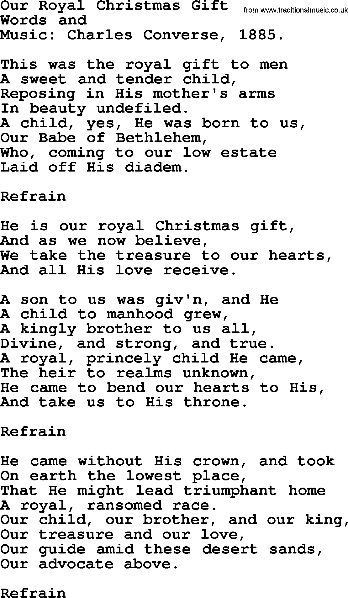 Christmas Hymns, Carols and Songs, title: Our Royal Christmas Gift, lyrics with PDF