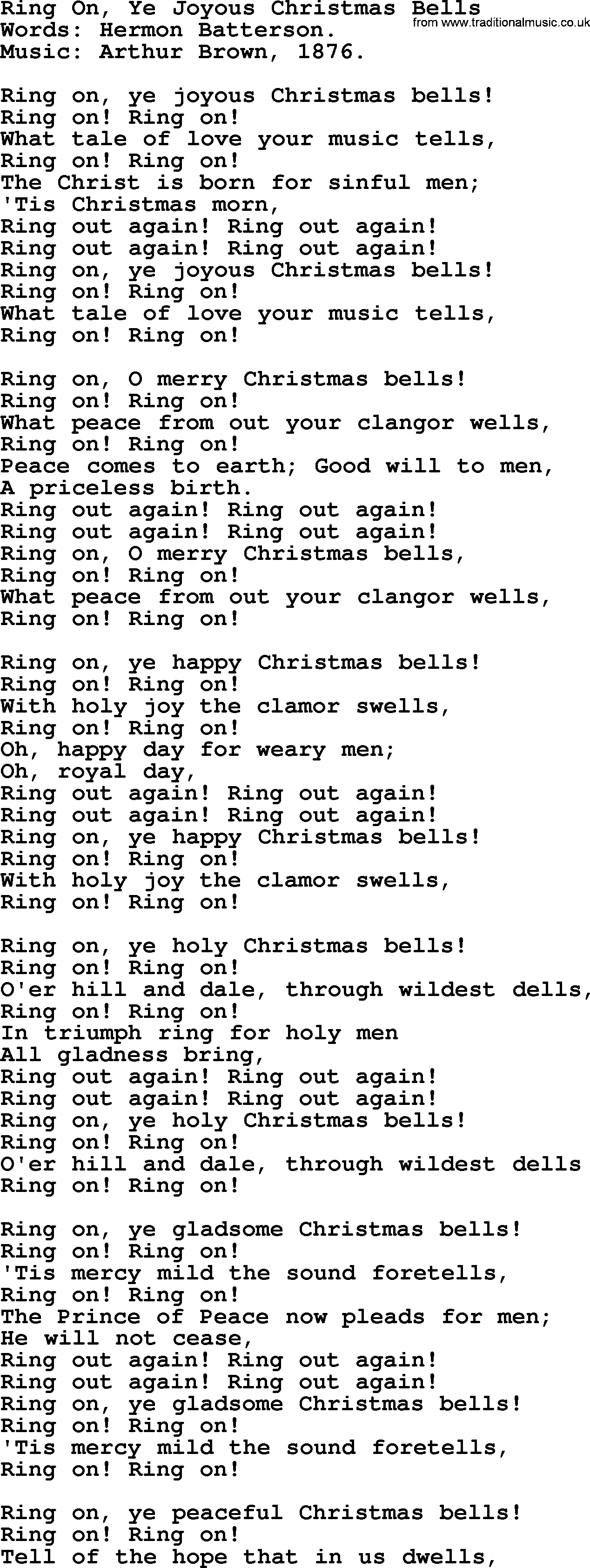 Christmas Hymns, Carols and Songs, title: Ring On, Ye Joyous Christmas Bells, lyrics with PDF