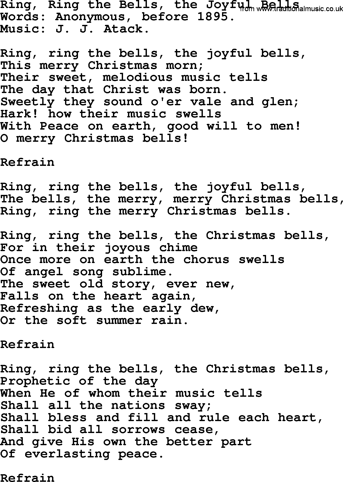 Christmas Hymns, Carols and Songs, title: Ring, Ring The Bells, The Joyful Bells, lyrics with PDF