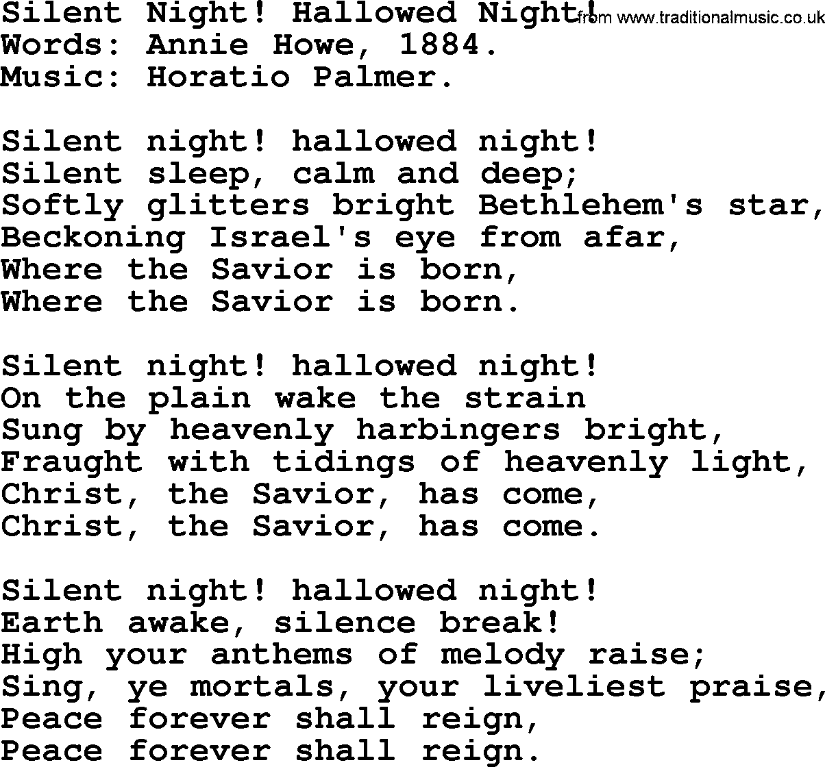 Christmas Hymns, Carols and Songs, title: Silent Night! Hallowed Night!, lyrics with PDF