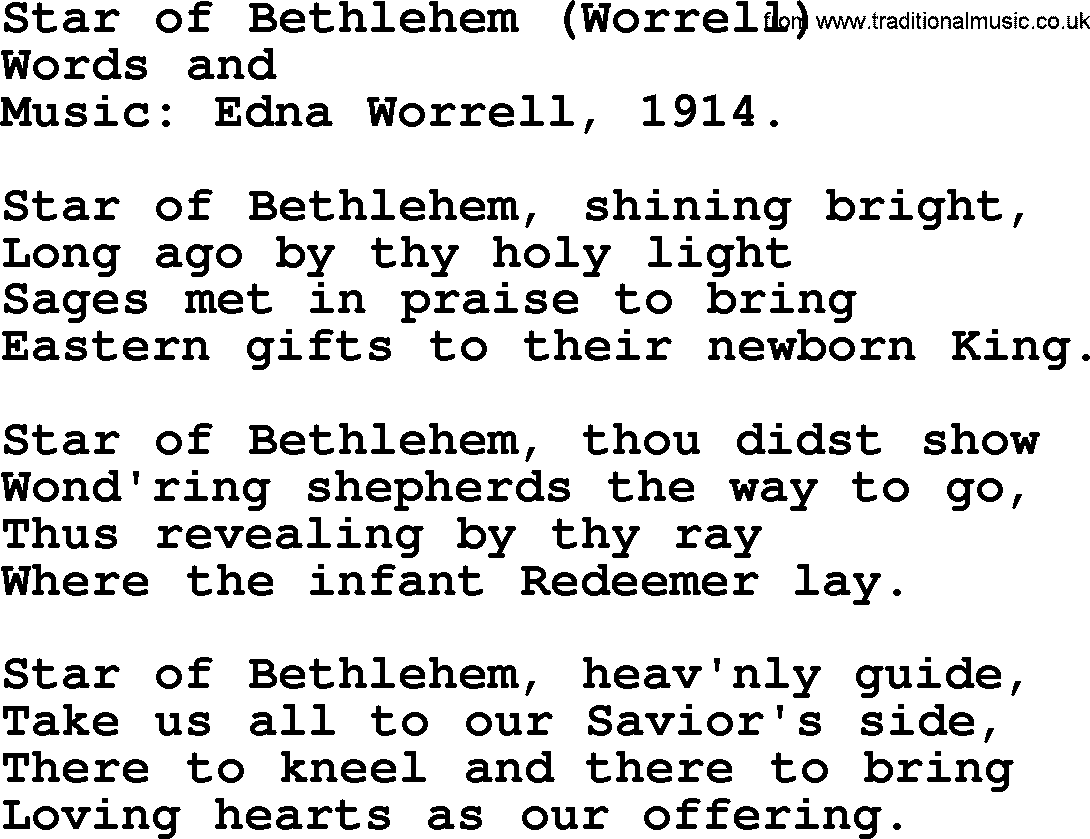 Christmas Hymns, Carols and Songs, title: Star Of Bethlehem (worrell), lyrics with PDF