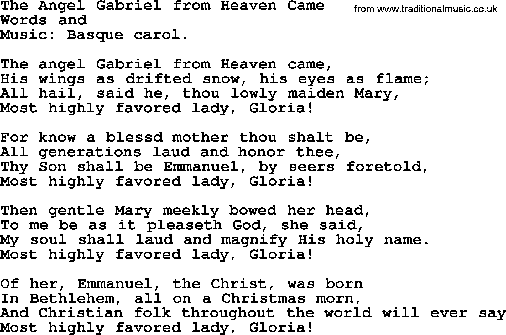 Christmas Hymns, Carols and Songs, title: The Angel Gabriel From Heaven Came, lyrics with PDF
