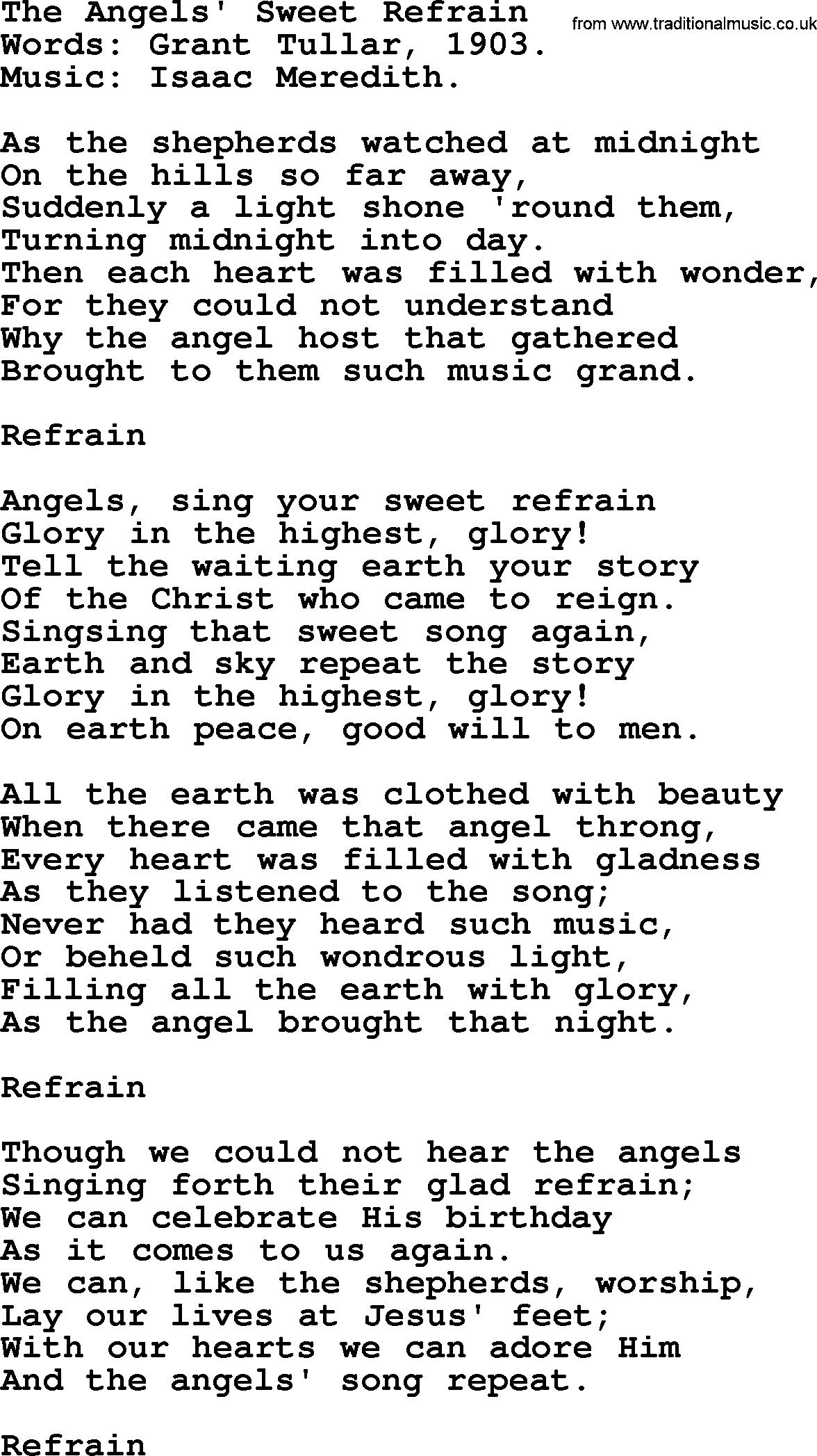 Christmas Hymns, Carols and Songs, title: The Angels' Sweet Refrain, lyrics with PDF