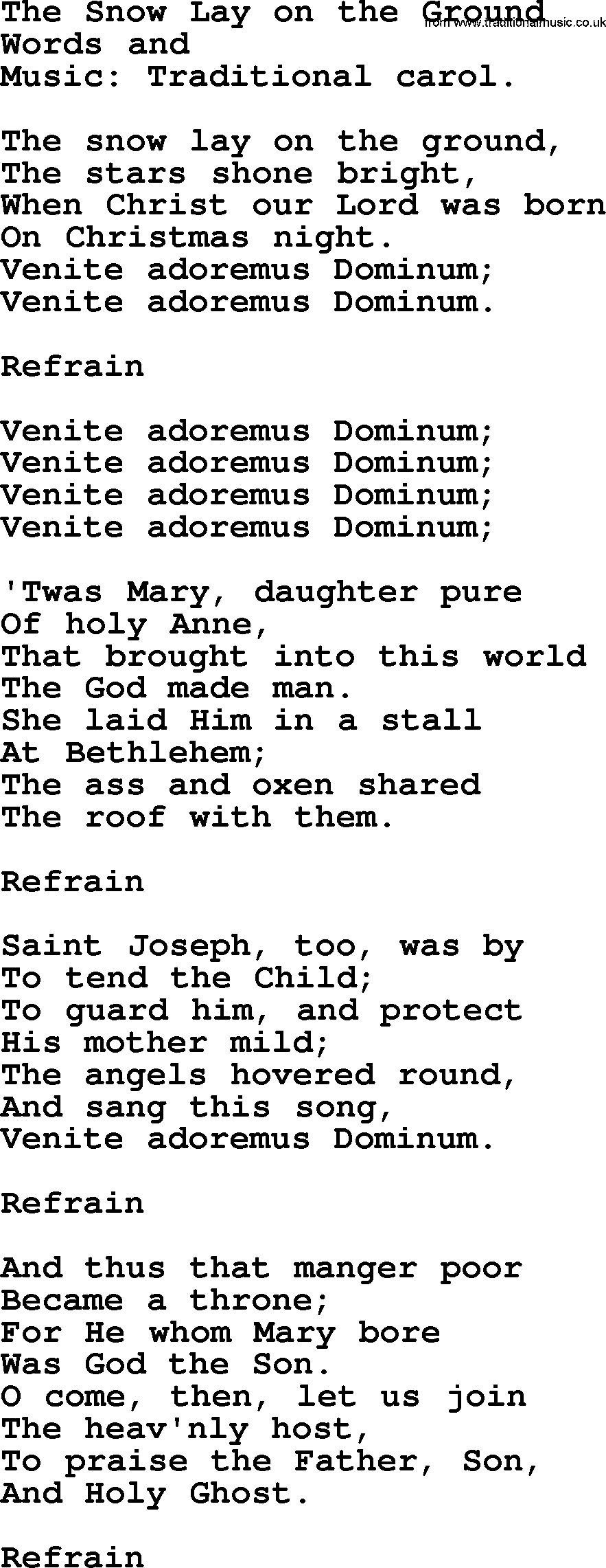 Snow Lay Christmas Hymns, Carols and Songs, title: The Snow Lay On The Ground ...