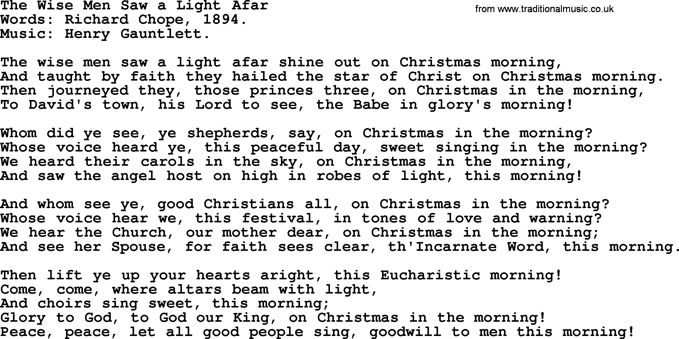 Christmas Hymns, Carols and Songs, title: The Wise Men Saw A Light Afar, lyrics with PDF
