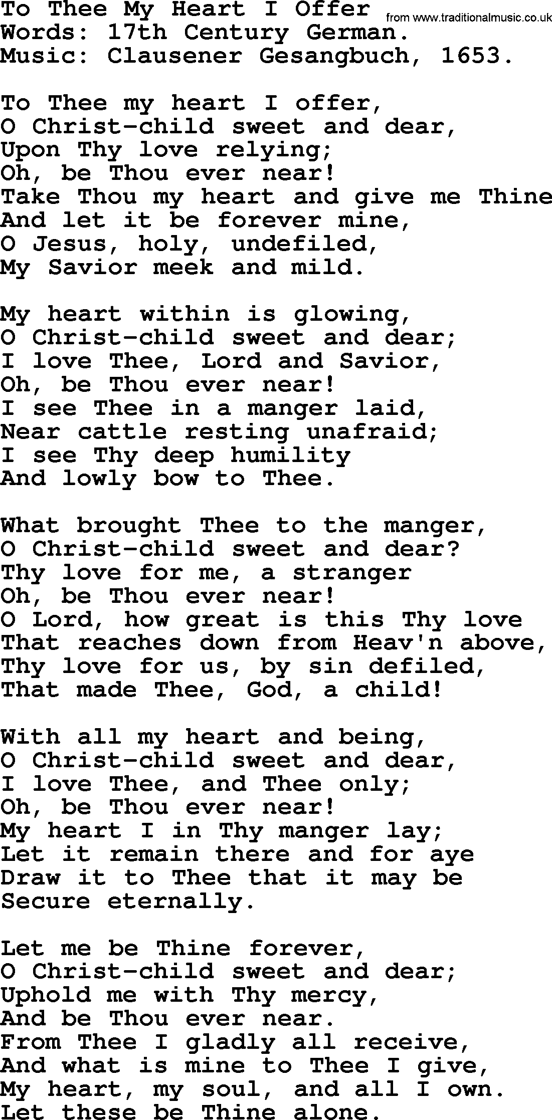 Christmas Hymns, Carols and Songs, title: To Thee My Heart I Offer, lyrics with PDF