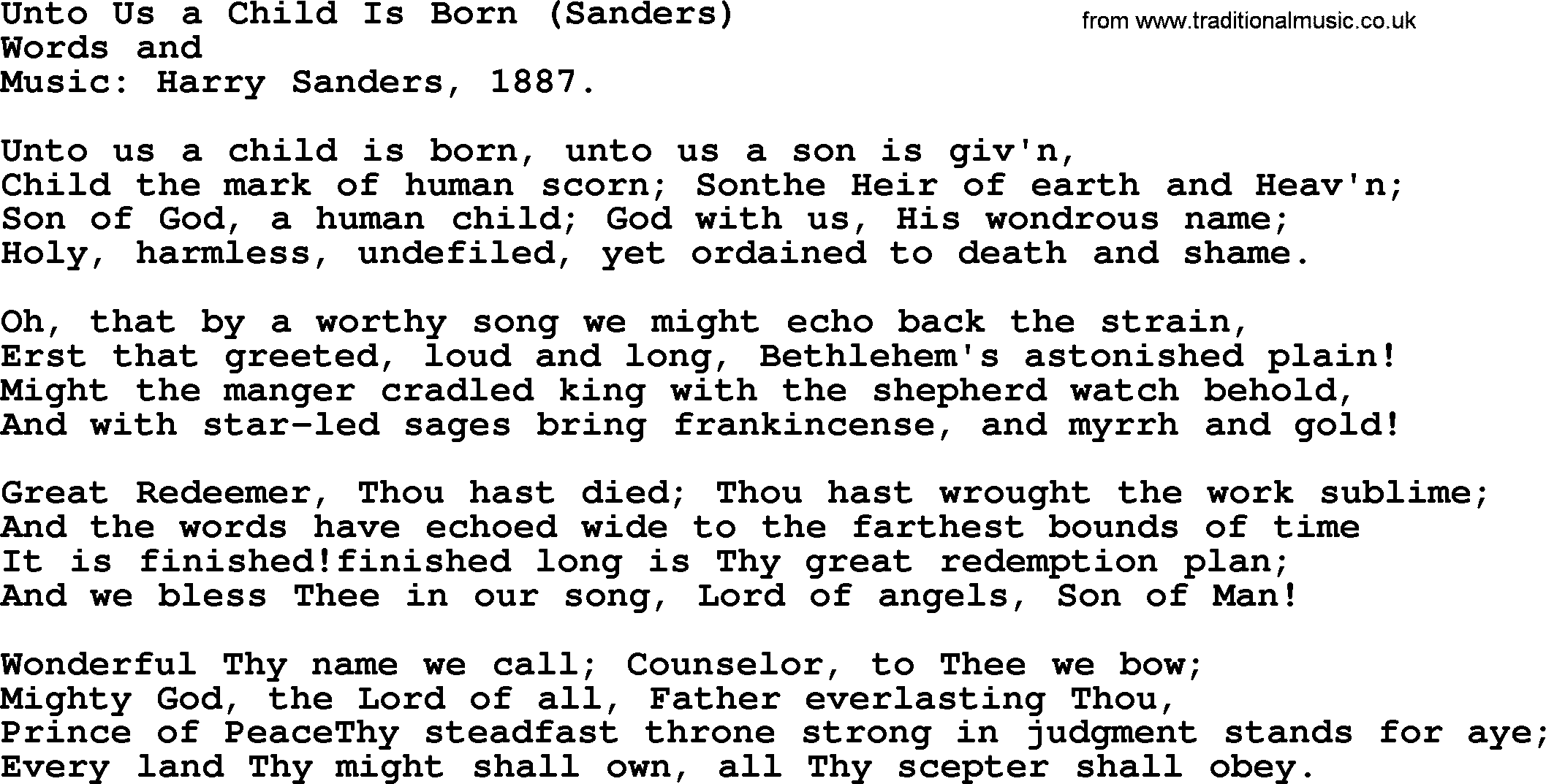 Christmas Hymns, Carols and Songs, title: Unto Us A Child Is Born (sanders), lyrics with PDF